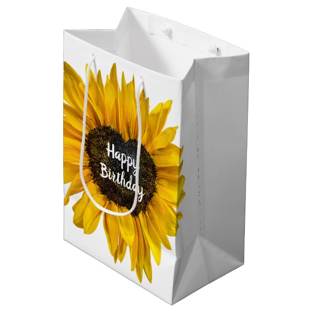 Bolsa De Regalo Mediana Girasol cardíaco en cumpleaños blanco (Angulo Anverso)