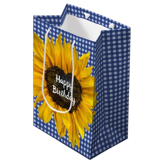 Bolsa De Regalo Mediana Girasol del Corazón de Cumpleaños En Gingham (Angulo Anverso)