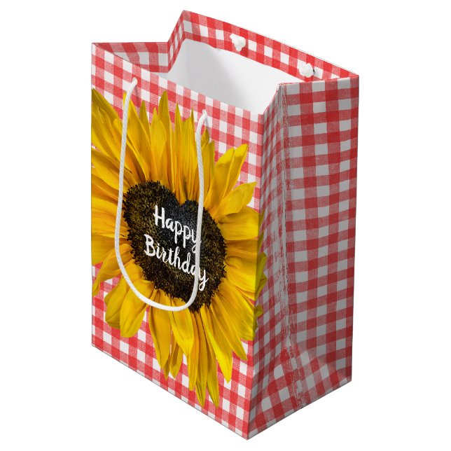 Bolsa De Regalo Mediana Girasol del Corazón de Cumpleaños En Gingham (Angulo Anverso)