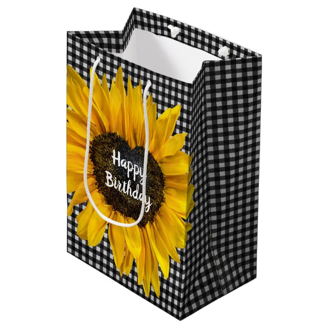 Bolsa De Regalo Mediana Girasol del Corazón de Cumpleaños En Gingham (Angulo Anverso)