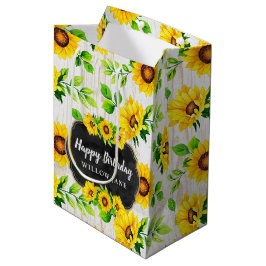 Bolsa De Regalo Mediana Girasoles y patrón de madera rústica, nombre perso