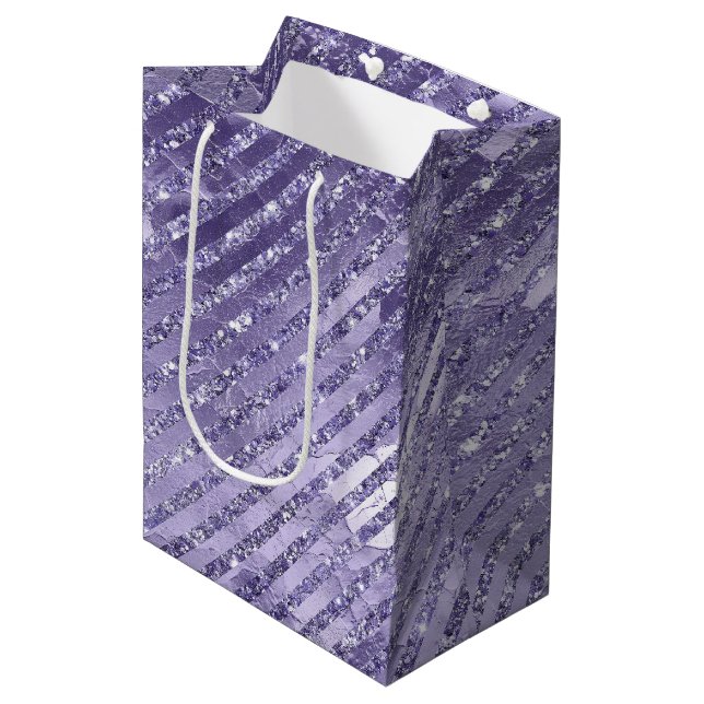 Bolsa De Regalo Mediana Girly Glam Purple Purpurinas Stripes Cumpleaños (Angulo Anverso)