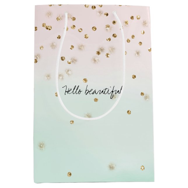 Bolsa De Regalo Mediana Girly Glam Rubor Pink Mint Gold Sparkle Confetti (Anverso)