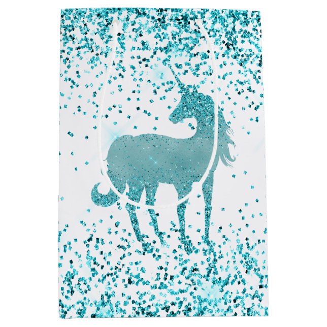 Bolsa De Regalo Mediana Girly Glitz Aqua Turquoise Purpurina Unicorn (Anverso)