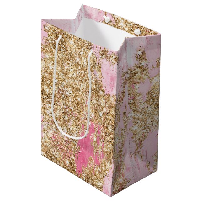 Bolsa De Regalo Mediana Girly Pink Gold Purpurina Cumpleaños (Angulo Anverso)