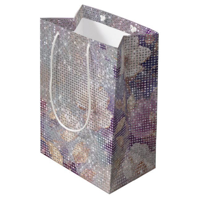 Bolsa De Regalo Mediana Glam Gold Purple Floral Sparkle (Angulo reverso)