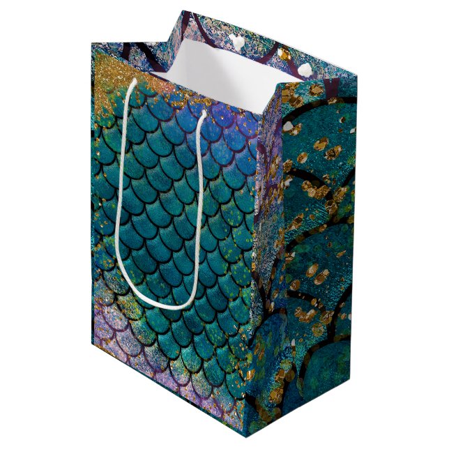 Bolsa De Regalo Mediana Glam Mermaid Fish Scales Verde azulado Purple Gold (Angulo Anverso)