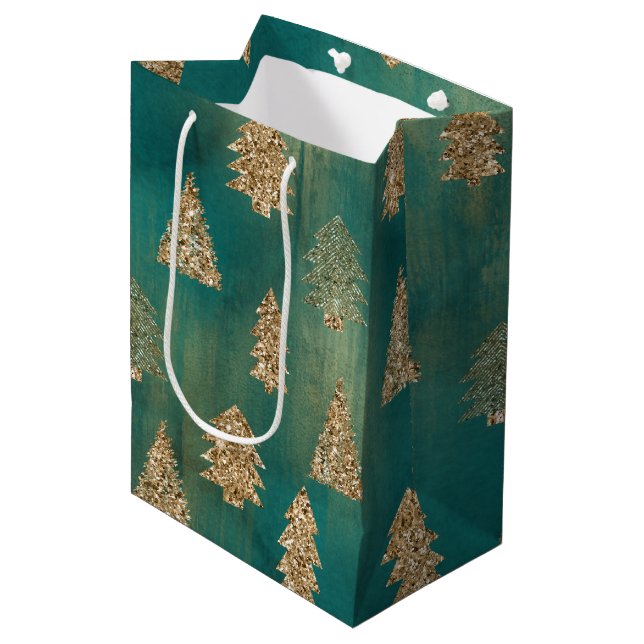 Bolsa De Regalo Mediana Glam Purpurina de Oro Verde Pino Árboles de Navida (Angulo Anverso)