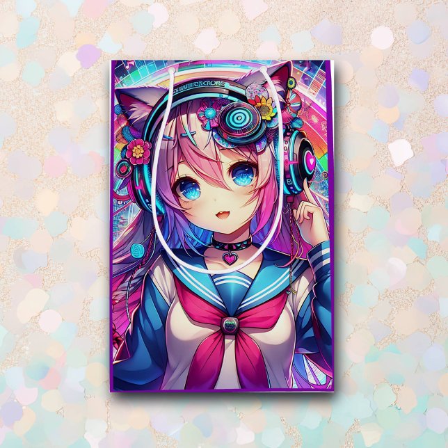 Bolsa De Regalo Mediana Glitchcore Colorful Anime Chica Artwork Cumpleaños (Subido por el creador)