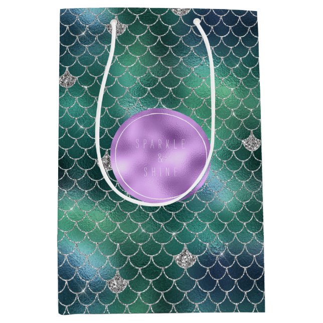 Bolsa De Regalo Mediana Glitz plateado del océano Verde azulado (Anverso)