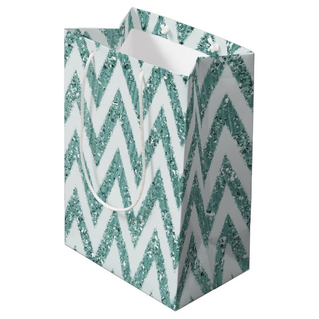 Bolsa De Regalo Mediana Glitzy Green White Chevron Strips Navidades (Angulo reverso)