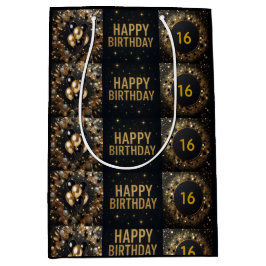 Bolsa De Regalo Mediana Globo de Cumpleaños Brillante Negro y Dorado