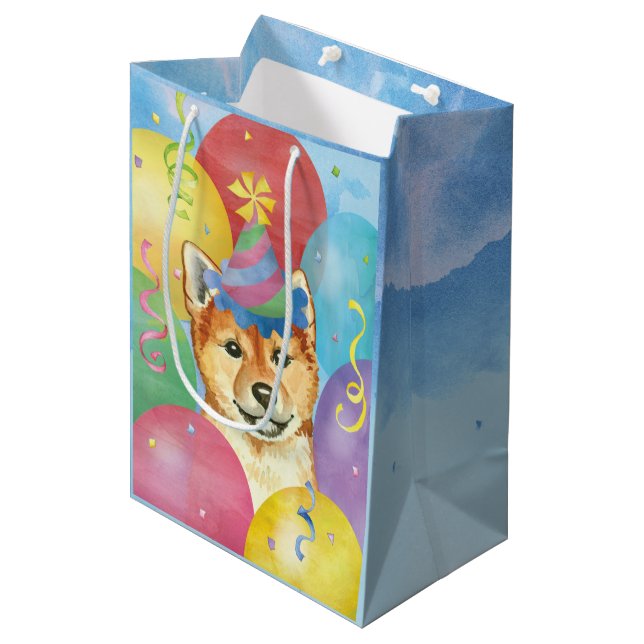 Bolsa De Regalo Mediana Globos de cumpleaños Shiba Inu (Angulo Anverso)