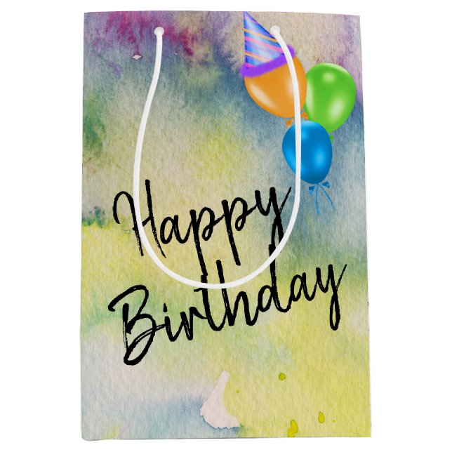 Bolsa De Regalo Mediana Globos de cumpleaños sobre acuarela (Anverso)