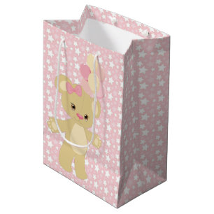 BOLSA DE REGALO MEDIANA GLOBOS DE ESTRELLAS ROSAS Y BLANCAS Y OSO DE PELUC