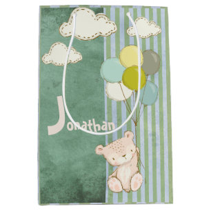 Bolsa De Regalo Mediana Globos de oso blanco Bandas de café verdes niños
