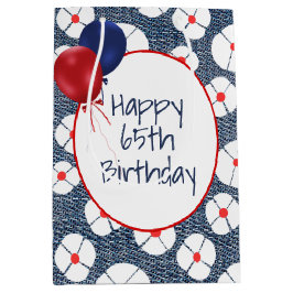 Bolsa De Regalo Mediana Globos para cumpleaños 65 sobre mezclilla floral