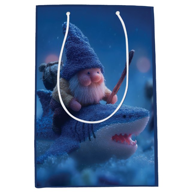 Bolsa De Regalo Mediana Gnomes singulares montando sobre los tiburones (Anverso)
