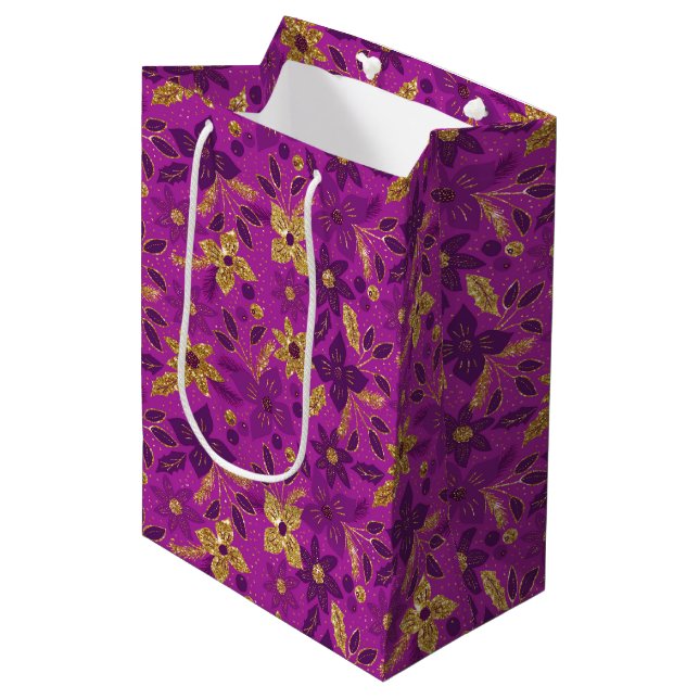 Bolsa De Regalo Mediana Gold and Teal Blue Christmas Poinsettia Flowers (Angulo Anverso)