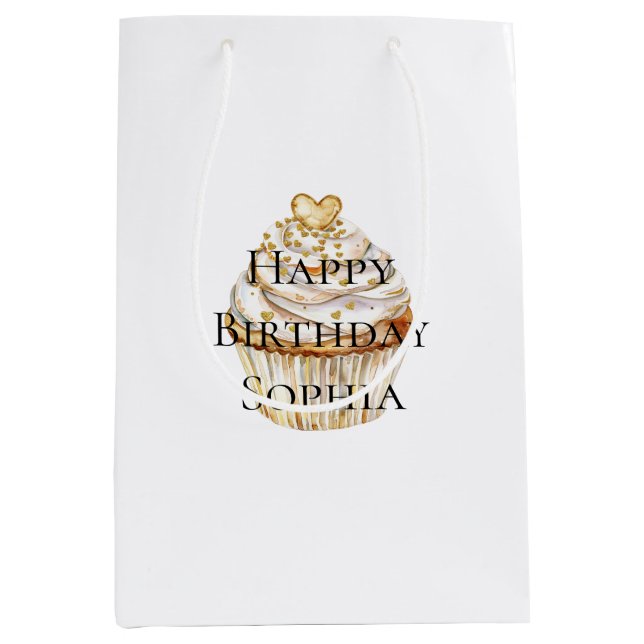Bolsa De Regalo Mediana Gold Hearts Cupcake Birthday (Anverso)
