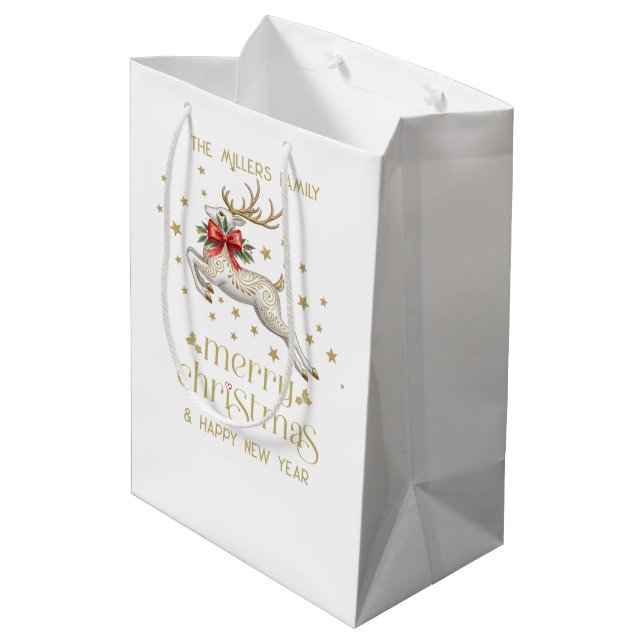 Bolsa De Regalo Mediana Gold White Christmas Reindeer (Angulo reverso)