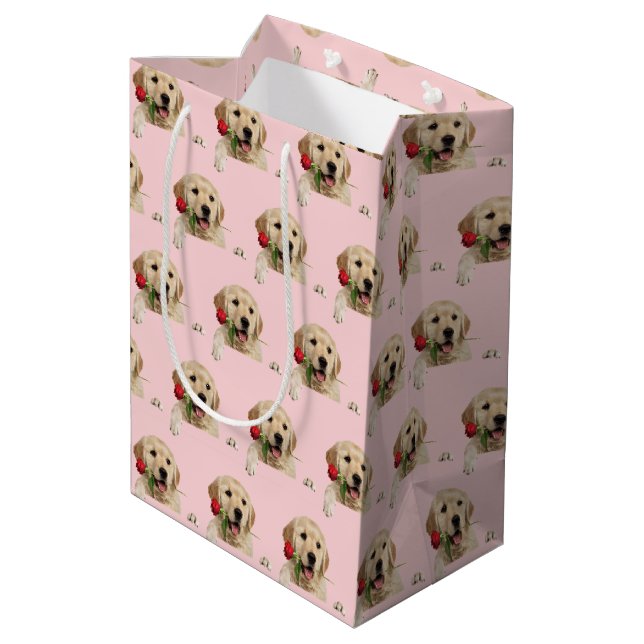 Bolsa De Regalo Mediana Golden Retriever con besos y rosa (Angulo reverso)