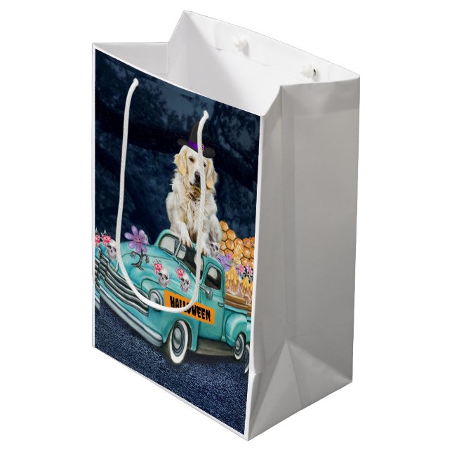 Bolsa De Regalo Mediana Golden Retriever Dog Halloween Truck Scary Night (Angulo Anverso)