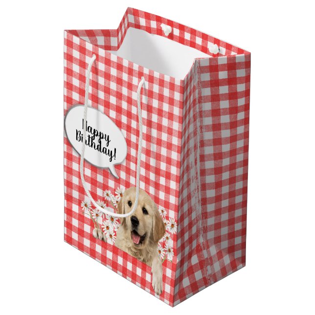 Bolsa De Regalo Mediana Golden Retriever en daisies en el gingham rojo (Angulo Anverso)