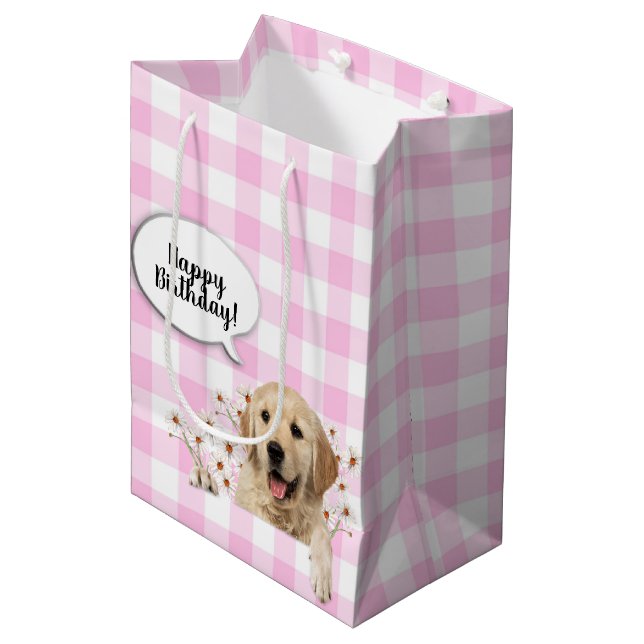 Bolsa De Regalo Mediana Golden Retriever en daisies en gingham (Angulo Anverso)