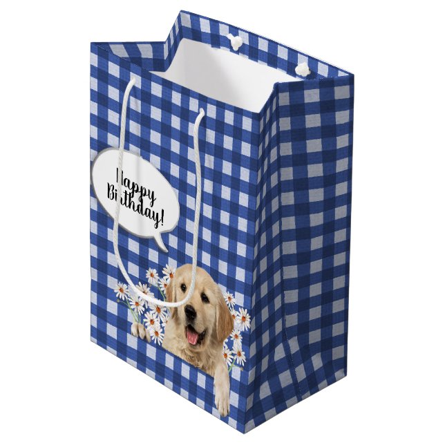 Bolsa De Regalo Mediana Golden Retriever en daisies en gingham azul (Angulo Anverso)