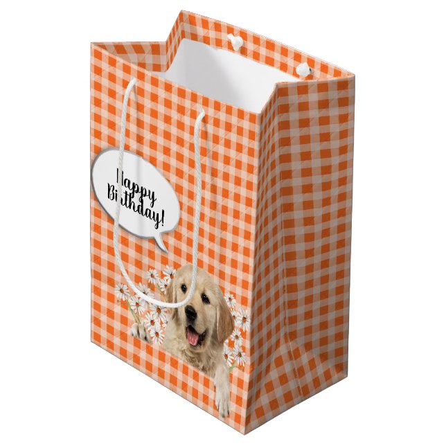 Bolsa De Regalo Mediana Golden Retriever en daisies en naranja gingham (Angulo Anverso)