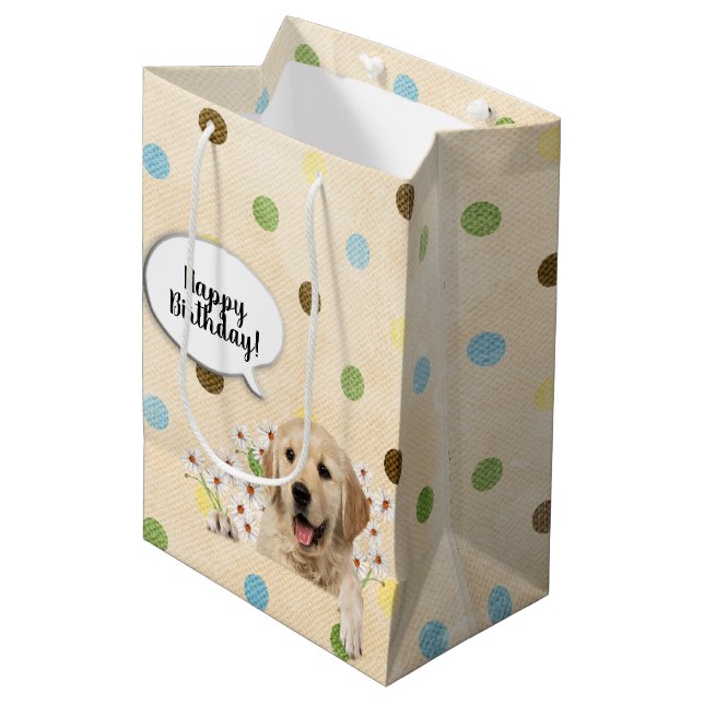 Bolsa De Regalo Mediana Golden Retriever en daisises sobre puntos de polka (Angulo Anverso)
