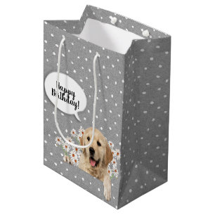 Bolsa De Regalo Mediana Golden Retriever en daisises sobre puntos de polka