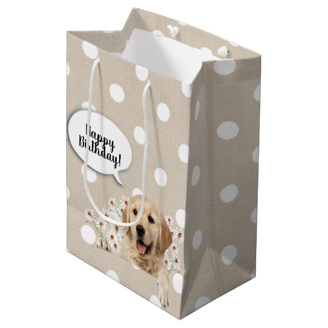 Bolsa De Regalo Mediana Golden Retriever en daisises sobre puntos de polka (Angulo Anverso)