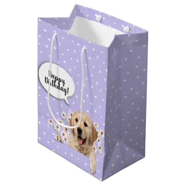 Bolsa De Regalo Mediana Golden Retriever en daisises sobre puntos de polka (Angulo Anverso)
