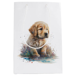 Bolsa De Regalo Mediana Golden Retriever Puppy WaterColor AI Art