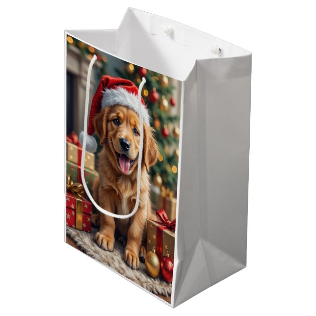 Bolsa De Regalo Mediana Golden Retriever Puppy's First Christmas Festive (Angulo Anverso)