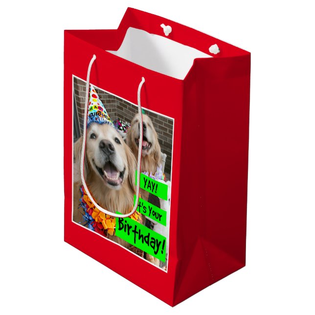 Bolsa De Regalo Mediana Golden retriever Yay su su cumpleaños (Angulo Anverso)