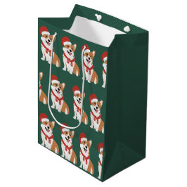 Bolsa De Regalo Mediana Gorra de Santa Corgi de Navidad - Verde Bosque Ric
