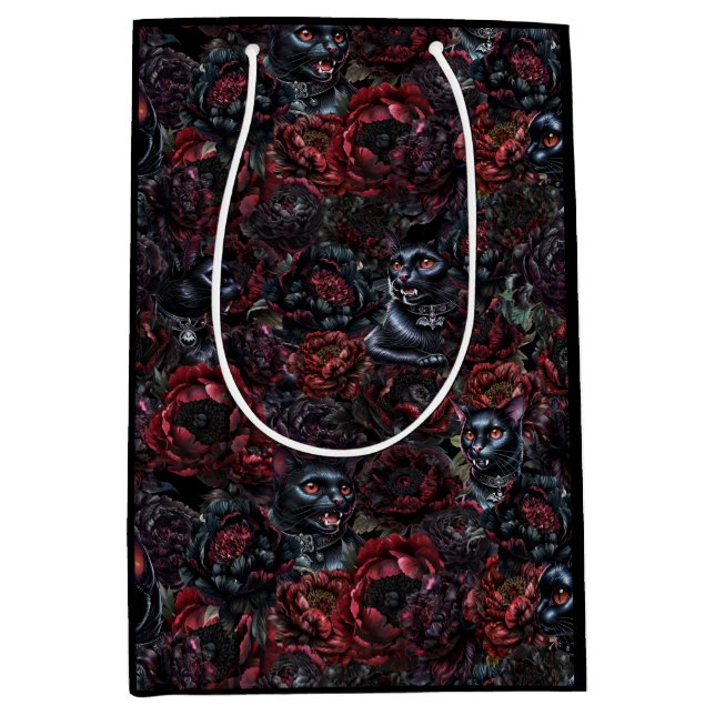 Bolsa De Regalo Mediana Gothic Black Cat & Dark Flowers Pattern  (Anverso)