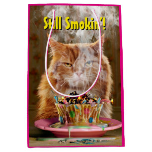 Bolsa De Regalo Mediana Gracioso Gato Cranky Con Pastel De Cumpleaños Fun