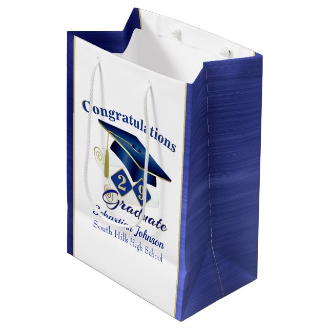 Bolsa De Regalo Mediana Graduación Azul y oro personalizados (Angulo Anverso)