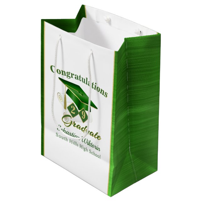 Bolsa De Regalo Mediana Graduación personalizada clásica verde y oro (Angulo Anverso)