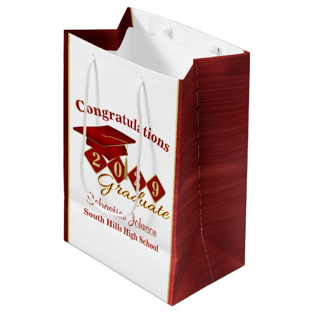 Bolsa De Regalo Mediana Graduación personalizada rojo y oro (Angulo Anverso)