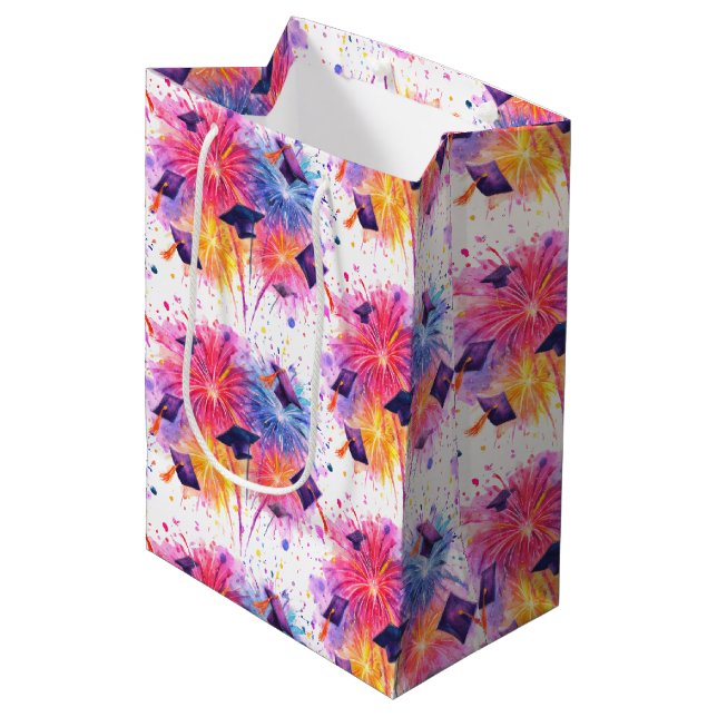 Bolsa De Regalo Mediana Graduation Fireworks Pattern with Tossed Caps (Angulo Anverso)