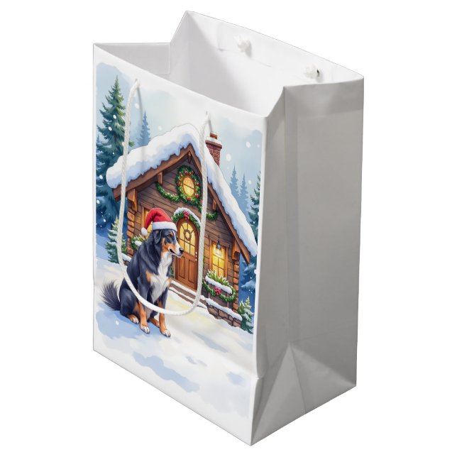 Bolsa De Regalo Mediana Greater Swiss Mountain Dog Snowy Cabin Santa Hat (Angulo Anverso)