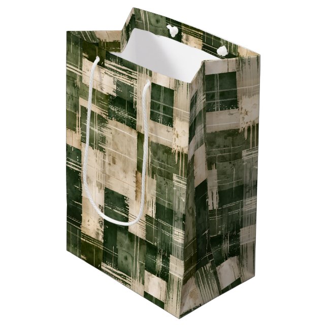 Bolsa De Regalo Mediana Green and Beige Grunge Plaid (Angulo Anverso)