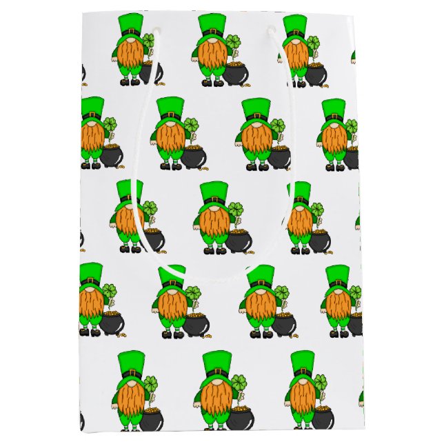 Bolsa De Regalo Mediana Green Leprechaun Gnome con Shamrock (Anverso)