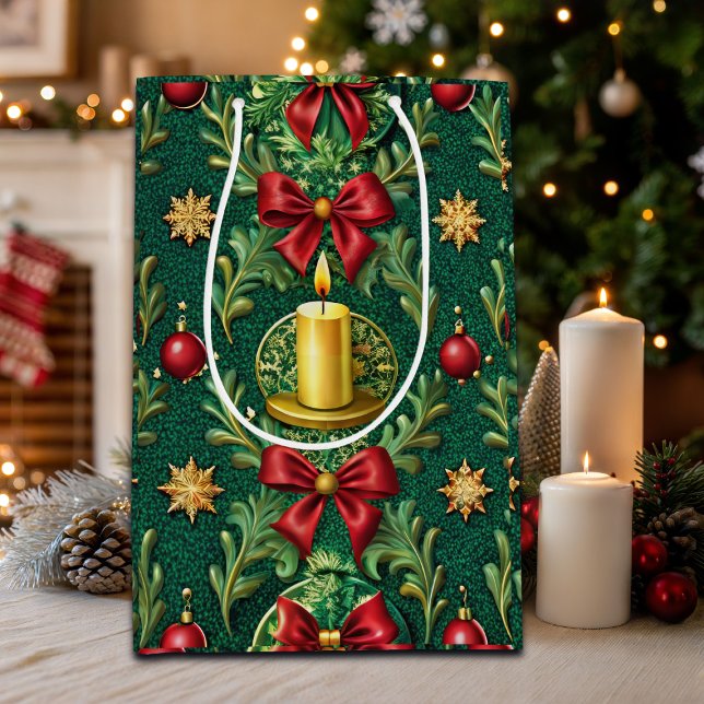 Bolsa De Regalo Mediana Green Pattern Gold Candle Poinsettia Flower (Subido por el creador)