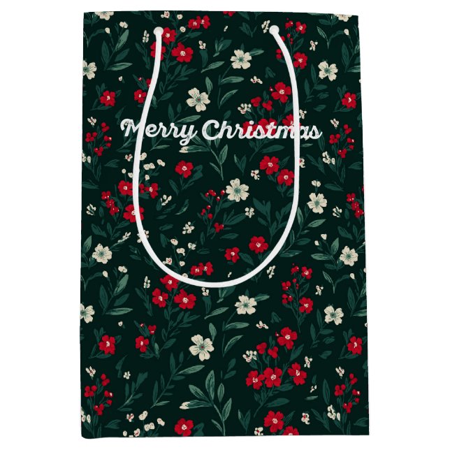 Bolsa De Regalo Mediana Green red and white Christmas flowers (Anverso)